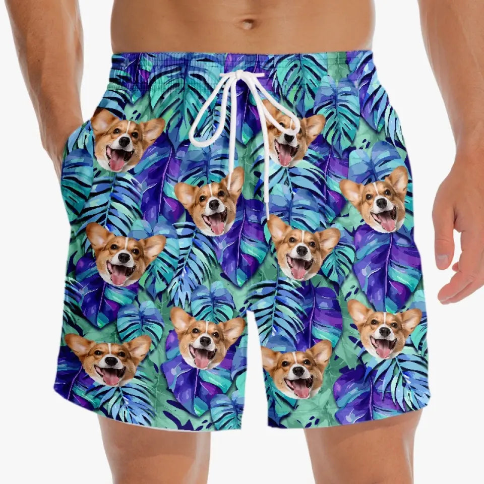 Short de plage hawaïen personnalisé « Rencontrez-moi là où le ciel touche la mer » pour chien et chat, short de plage hawaïen tropical Aloha pour homme - Cadeau de vacances d'été, cadeau d'anniversaire pour propriétaires d'animaux et amoureux des animaux