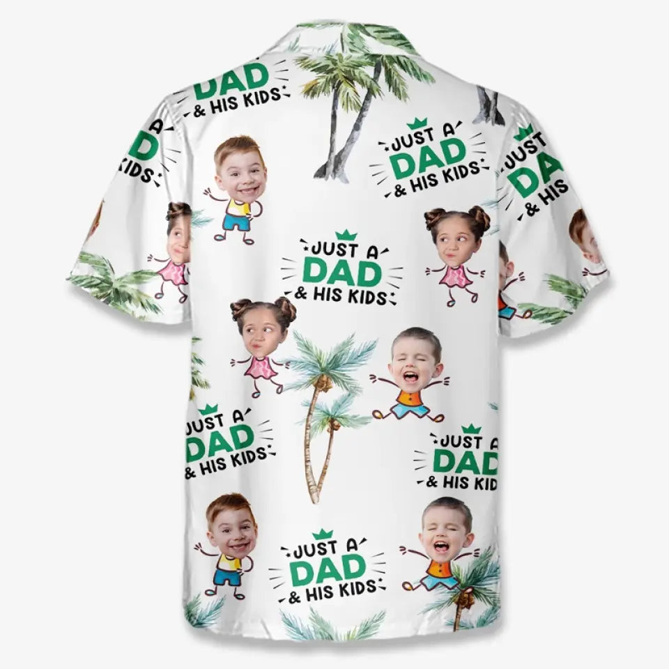 Photo personnalisée juste un père et ses enfants - Chemise hawaïenne tropicale unisexe personnalisée pour la famille - Cadeau de vacances d'été, cadeau pour papa, grand-père