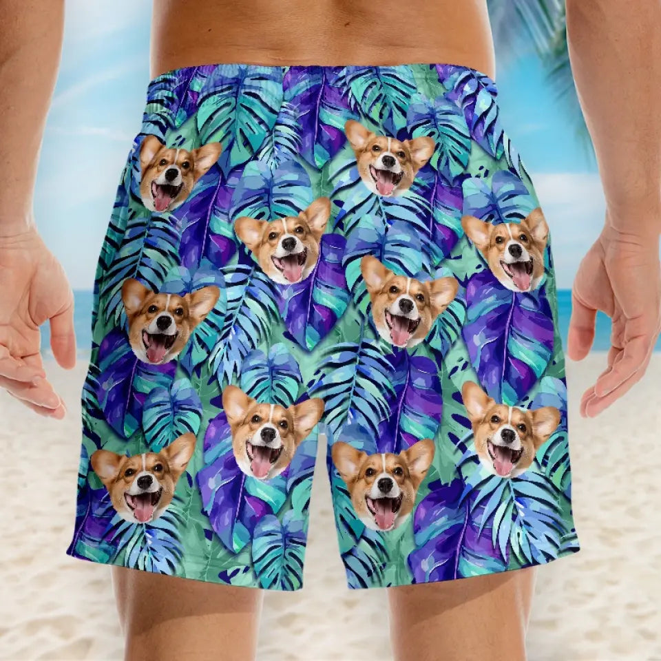 Short de plage hawaïen personnalisé « Rencontrez-moi là où le ciel touche la mer » pour chien et chat, short de plage hawaïen tropical Aloha pour homme - Cadeau de vacances d'été, cadeau d'anniversaire pour propriétaires d'animaux et amoureux des animaux