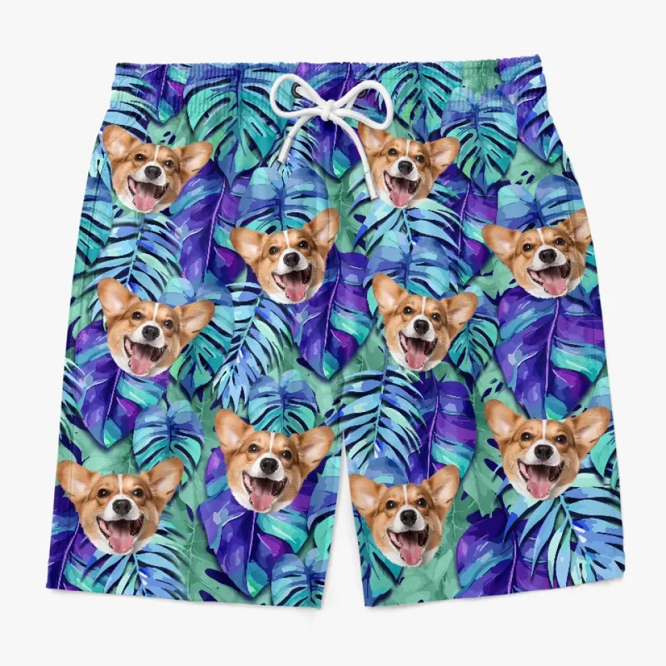 Short de plage hawaïen personnalisé « Rencontrez-moi là où le ciel touche la mer » pour chien et chat, short de plage hawaïen tropical Aloha pour homme - Cadeau de vacances d'été, cadeau d'anniversaire pour propriétaires d'animaux et amoureux des animaux