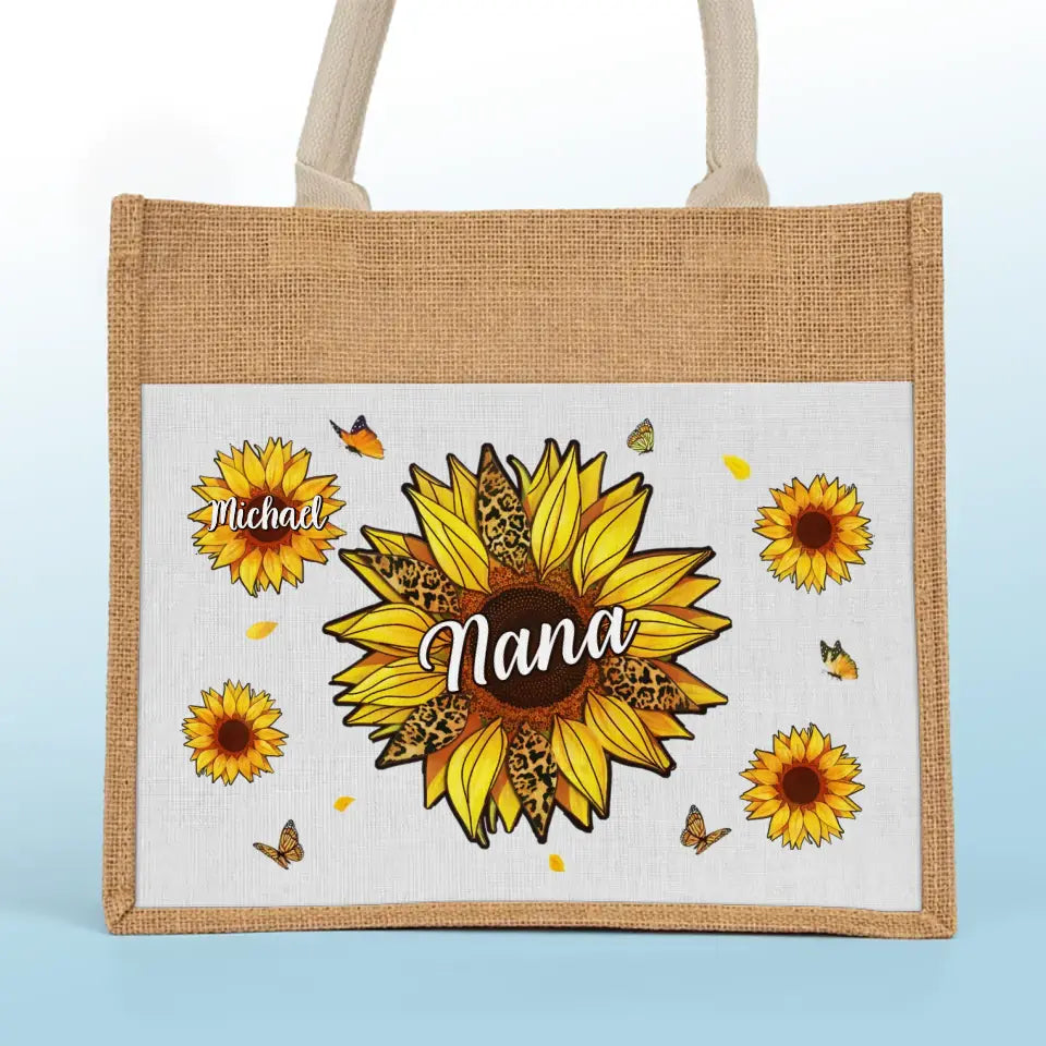 Nous vivons et fleurissons avec grâce - Sacs fourre-tout personnalisés pour la famille, sacs fourre-tout en jute, sacs de plage - Cadeau pour maman, grand-mère