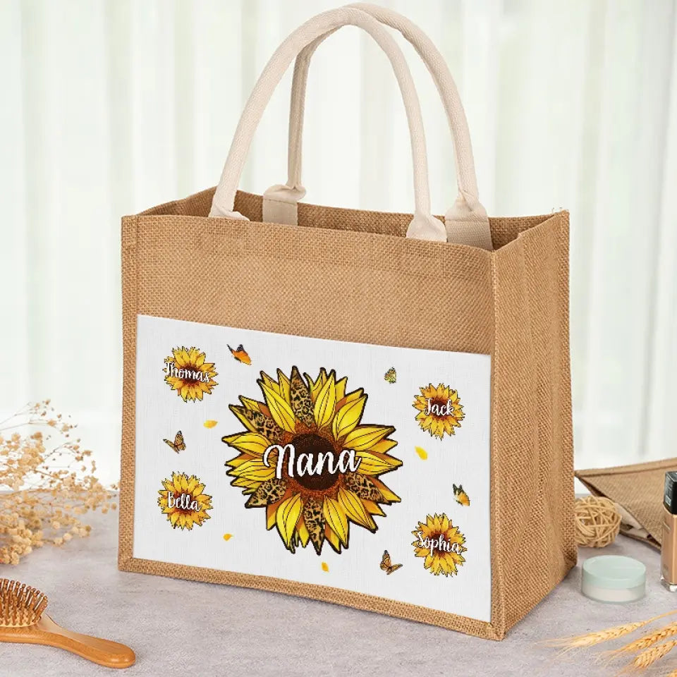 Nous vivons et fleurissons avec grâce - Sacs fourre-tout personnalisés pour la famille, sacs fourre-tout en jute, sacs de plage - Cadeau pour maman, grand-mère