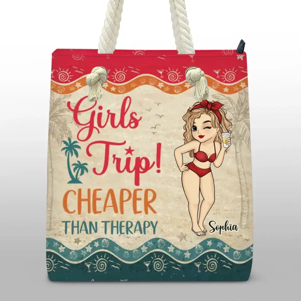 Voyage entre filles ! Moins cher qu'une thérapie ! Sac de plage personnalisé pour meilleure amie ! Cadeau de vacances d'été pour meilleures amies, meilleures amies et sœurs.