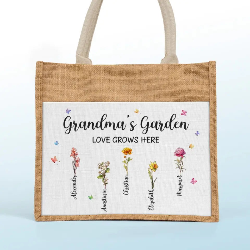 Jardin de grand-mère - Sacs fourre-tout personnalisés pour la famille, sacs fourre-tout en jute, sacs de plage - Cadeau pour maman et grand-mère