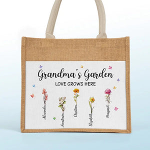 Jardin de grand-mère - Sacs fourre-tout personnalisés pour la famille, sacs fourre-tout en jute, sacs de plage - Cadeau pour maman et grand-mère