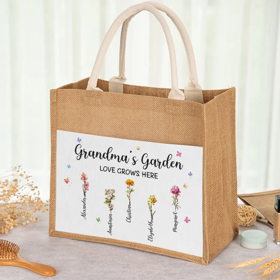 Jardin de grand-mère - Sacs fourre-tout personnalisés pour la famille, sacs fourre-tout en jute, sacs de plage - Cadeau pour maman et grand-mère