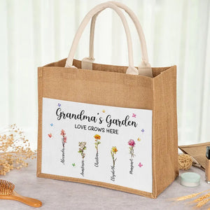 Jardin de grand-mère - Sacs fourre-tout personnalisés pour la famille, sacs fourre-tout en jute, sacs de plage - Cadeau pour maman et grand-mère