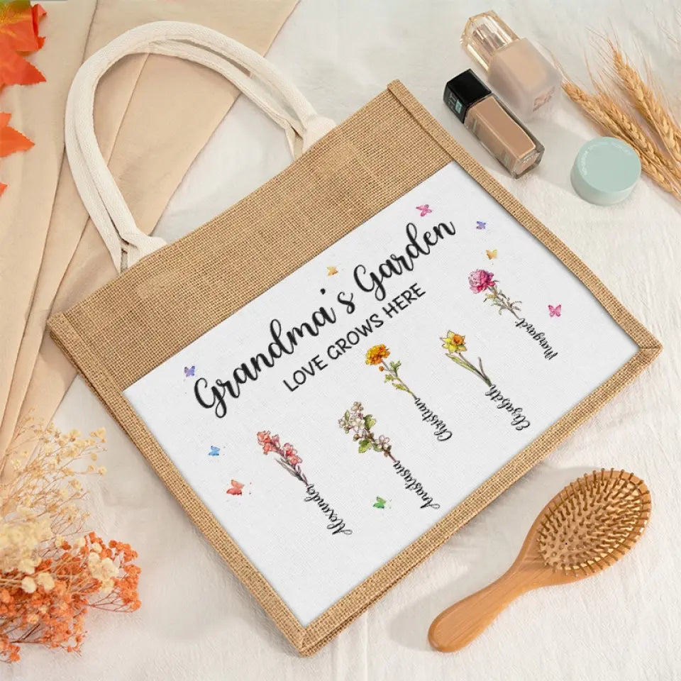 Jardin de grand-mère - Sacs fourre-tout personnalisés pour la famille, sacs fourre-tout en jute, sacs de plage - Cadeau pour maman et grand-mère