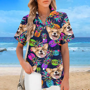 T-shirt hawaïen tropical unisexe personnalisé avec photo « État d'esprit estival » pour chien et chat - Cadeau idéal pour les vacances d'été, les propriétaires d'animaux et les amoureux des animaux.