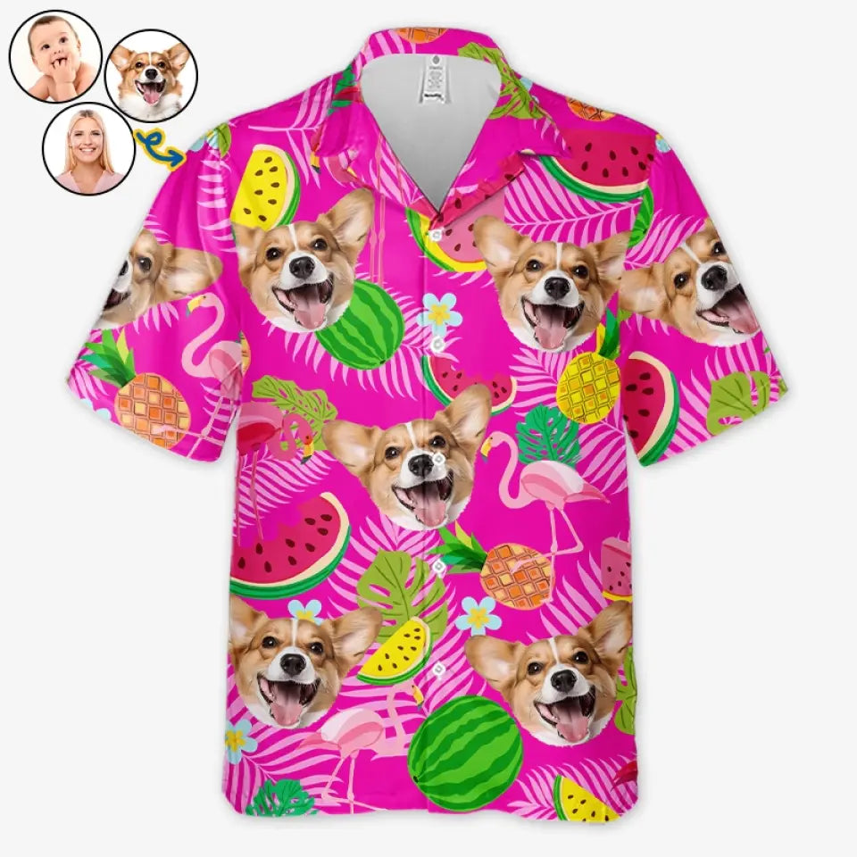 Personnalisez votre photo cet été pour un look plus spécial et élégant ! T-shirt hawaïen tropical unisexe personnalisé pour chien et chat ! Cadeau idéal pour les vacances d'été, les propriétaires d'animaux et les amoureux des animaux.