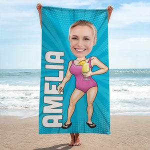 Serviette de plage personnalisée avec photo « L'eau salée guérit toutes les blessures » - Cadeau pour les vacances d'été, un anniversaire ou une fête à la piscine.