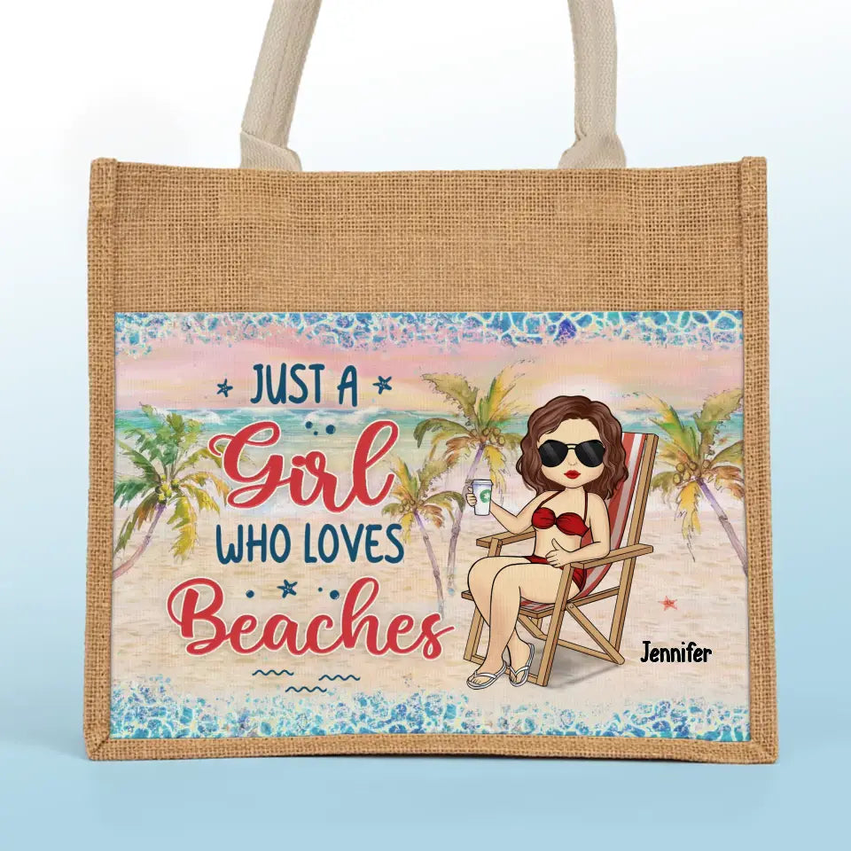 Juste une fille qui aime la plage - Sacs fourre-tout personnalisés, sacs fourre-tout en jute, sacs de plage - Cadeau pour meilleures amies, meilleures amies, sœurs