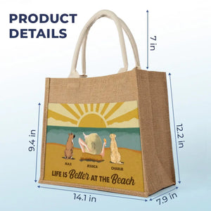 La vie est meilleure à la plage, ambiance estivale ! Sacs fourre-tout personnalisés pour chien, sacs fourre-tout en jute, sacs de plage ! Cadeau pour les propriétaires et les amoureux des animaux.