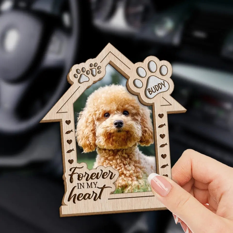 Photo personnalisée « Pour toujours dans mon cœur » – Clip de pare-soleil de voiture personnalisé commémoratif – Cadeau de condoléances pour les propriétaires et les amoureux des animaux