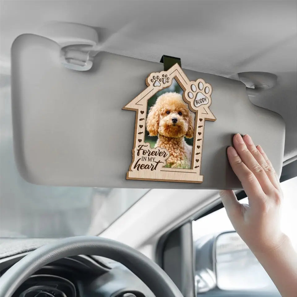 Photo personnalisée « Pour toujours dans mon cœur » – Clip de pare-soleil de voiture personnalisé commémoratif – Cadeau de condoléances pour les propriétaires et les amoureux des animaux
