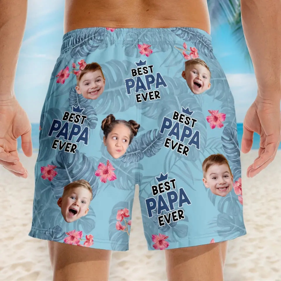 Short de plage hawaïen tropical personnalisé avec photo « Meilleur papa de tous les temps » - Cadeau de vacances d'été pour papa et grand-père
