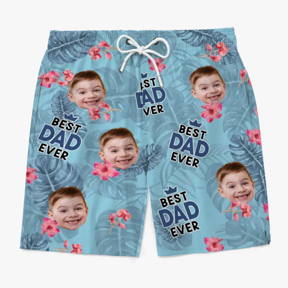 Short de plage hawaïen tropical personnalisé avec photo « Meilleur papa de tous les temps » - Cadeau de vacances d'été pour papa et grand-père