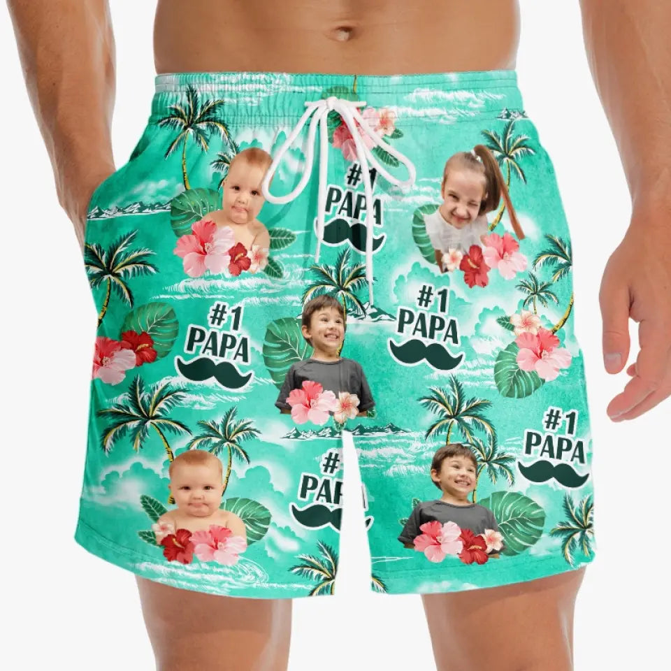 Short de plage hawaïen tropical personnalisé avec photo Super Papa - Cadeau de vacances d'été pour papa et grand-père