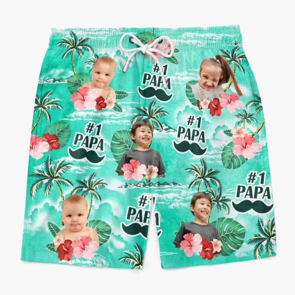 Short de plage hawaïen tropical personnalisé avec photo Super Papa - Cadeau de vacances d'été pour papa et grand-père