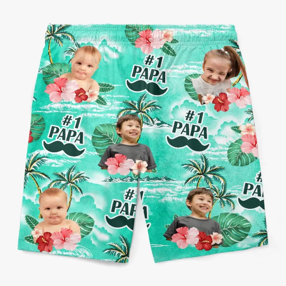 Short de plage hawaïen tropical personnalisé avec photo Super Papa - Cadeau de vacances d'été pour papa et grand-père