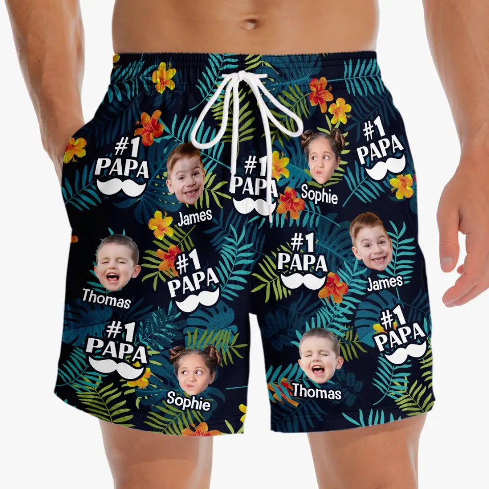 Short de plage hawaïen tropical personnalisé avec photo « Je t'aime papa » - Cadeau de vacances d'été pour papa et grand-père
