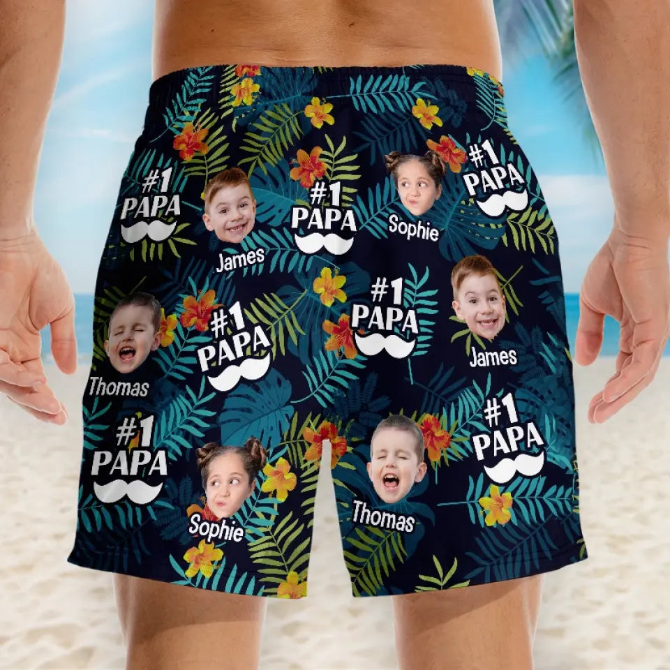 Short de plage hawaïen tropical personnalisé avec photo « Je t'aime papa » - Cadeau de vacances d'été pour papa et grand-père