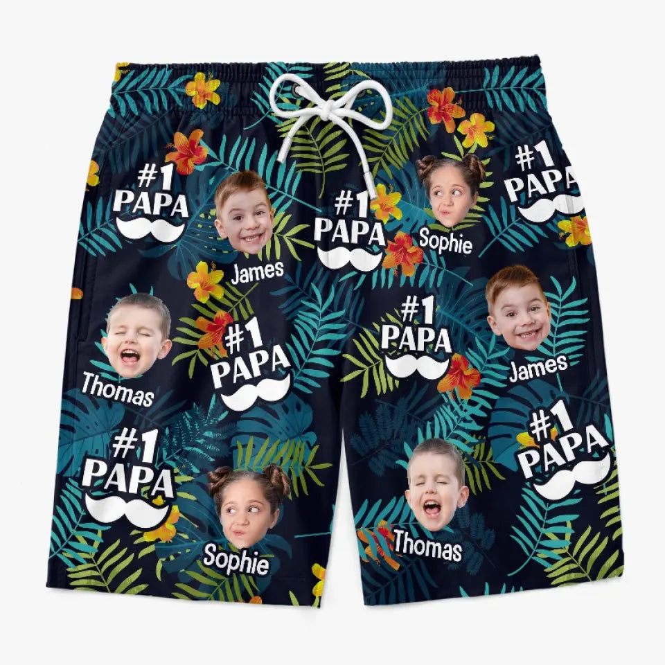Short de plage hawaïen tropical personnalisé avec photo « Je t'aime papa » - Cadeau de vacances d'été pour papa et grand-père