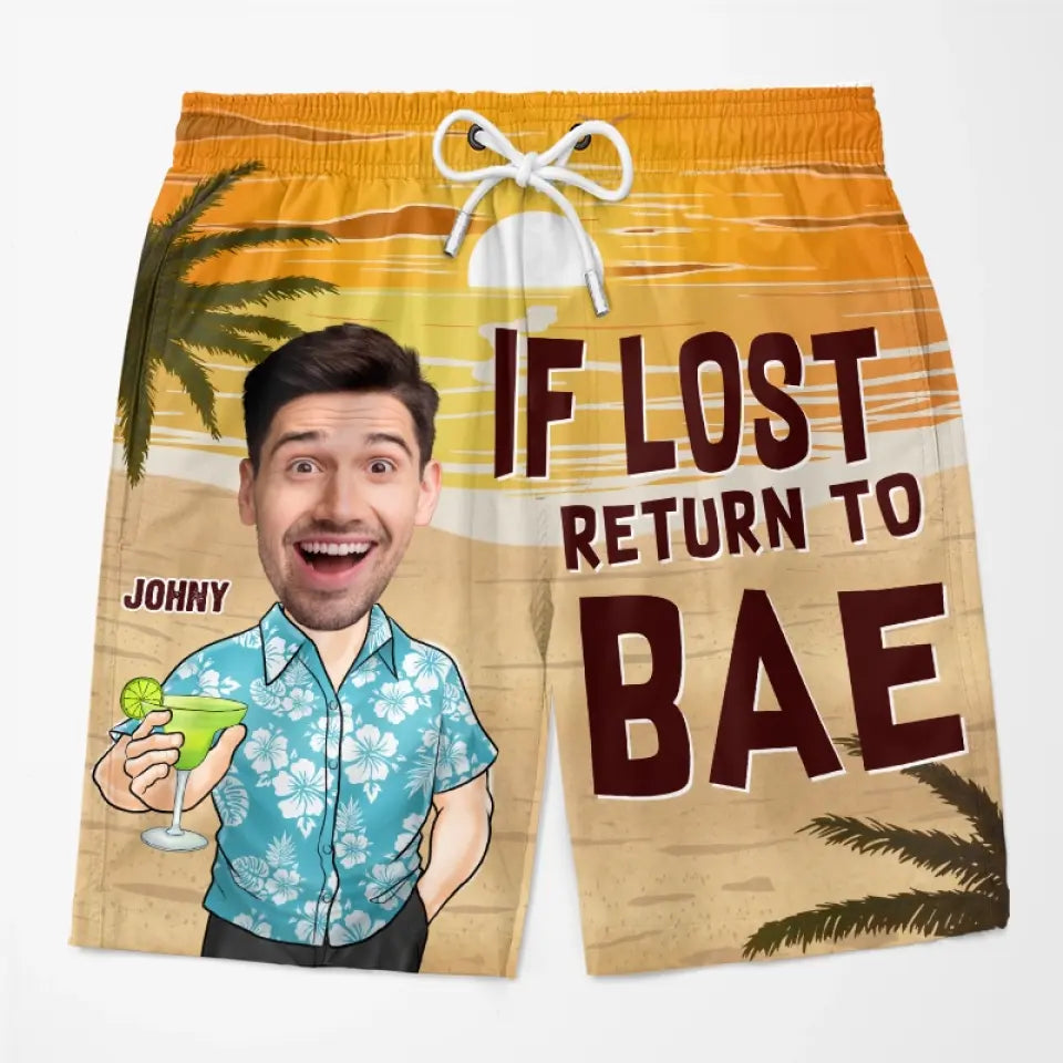 Short de plage hawaïen personnalisé avec photo « Si perdu, retournez à votre chéri » - Cadeau de vacances d'été, cadeau d'anniversaire pour mari et femme
