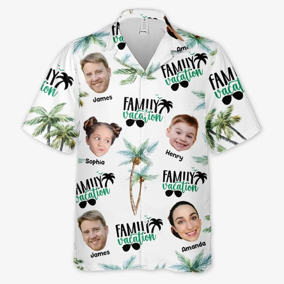 Vacances en famille personnalisées avec photo - T-shirt hawaïen tropical unisexe personnalisé - Cadeau de vacances d'été pour les membres de la famille