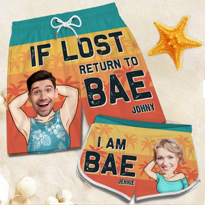 Photo personnalisée « I'm Bae » - Short de plage hawaïen tropical personnalisé et amusant pour couple - Cadeau de vacances d'été, cadeau de fête d'anniversaire pour mari et femme, anniversaire