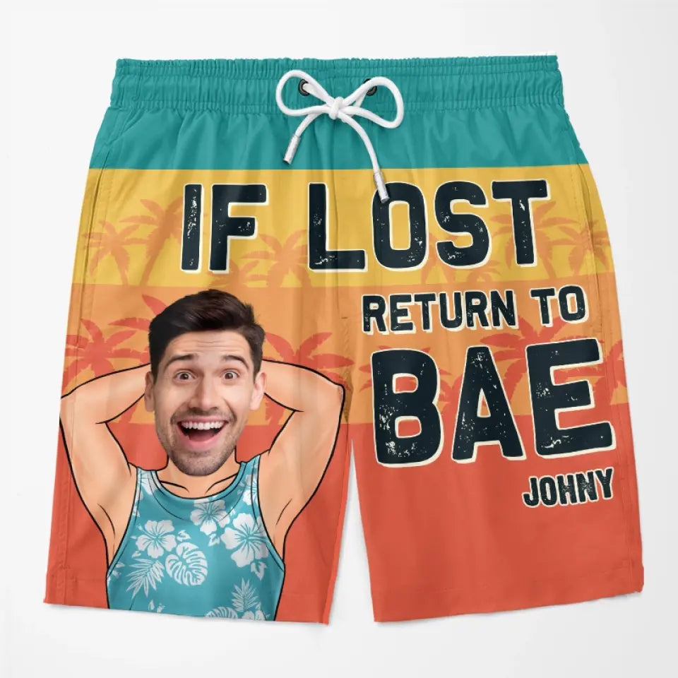 Photo personnalisée « I'm Bae » - Short de plage hawaïen tropical personnalisé et amusant pour couple - Cadeau de vacances d'été, cadeau de fête d'anniversaire pour mari et femme, anniversaire