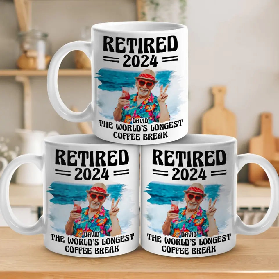 Tasse personnalisée avec photo « La plus longue pause-café du monde » - Cadeau de remerciement et de départ à la retraite pour collègues, collègues de travail et collègues