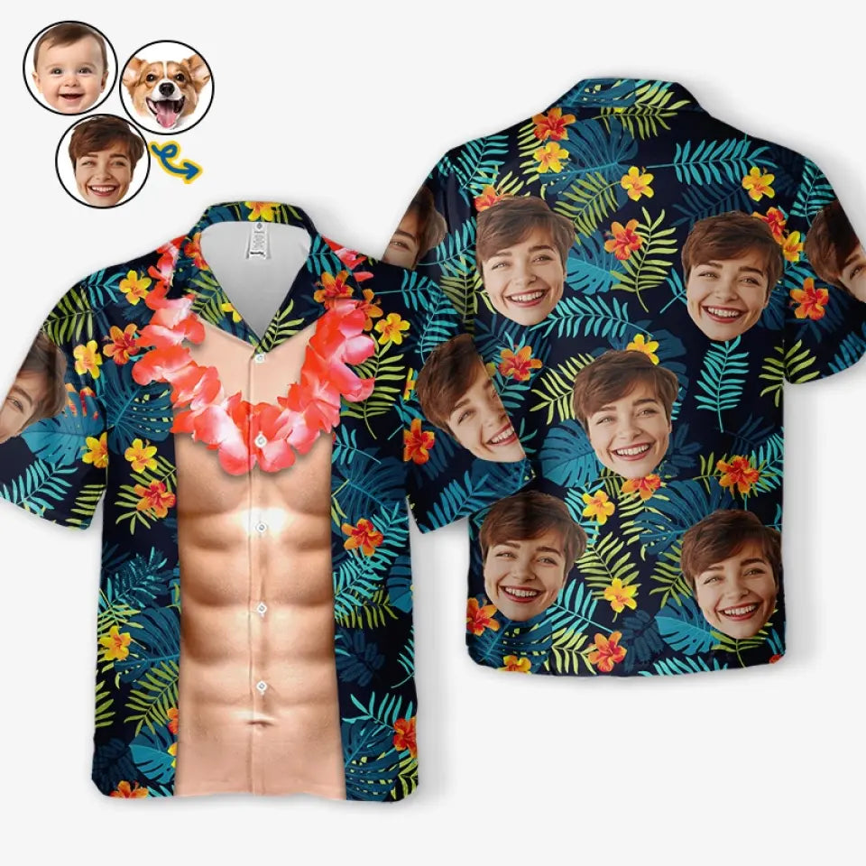 T-shirt hawaïen tropical unisexe personnalisé avec photo « La vie est une vague, attrape-la » - Cadeau de vacances d'été, cadeau pour les membres de la famille