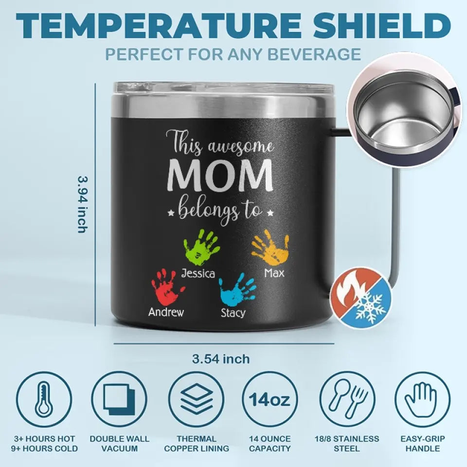 Ces mains tiennent votre cœur pour toujours - Gobelet personnalisé en acier inoxydable de 14 oz avec poignée - Cadeau pour maman, grand-mère