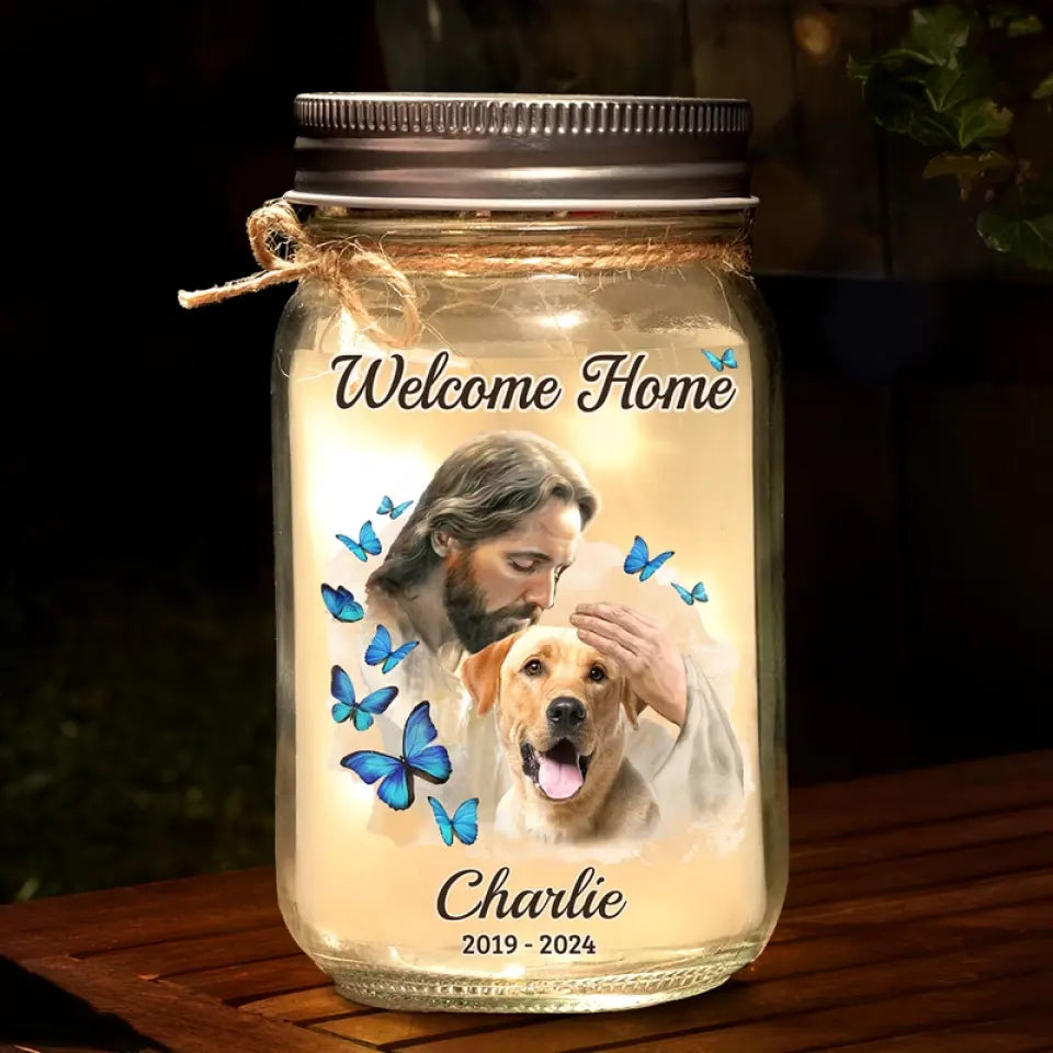 En sécurité dans les bras de Dieu - Lampe commémorative personnalisée en pot Mason - Cadeau de condoléances pour les membres de la famille, les propriétaires d'animaux et les amoureux des animaux