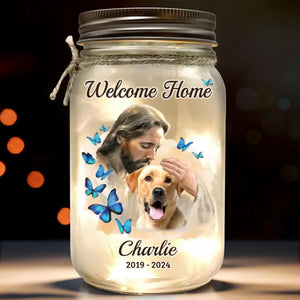 En sécurité dans les bras de Dieu - Lampe commémorative personnalisée en pot Mason - Cadeau de condoléances pour les membres de la famille, les propriétaires d'animaux et les amoureux des animaux