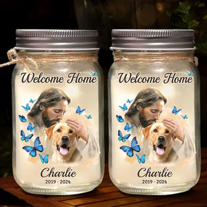 En sécurité dans les bras de Dieu - Lampe commémorative personnalisée en pot Mason - Cadeau de condoléances pour les membres de la famille, les propriétaires d'animaux et les amoureux des animaux