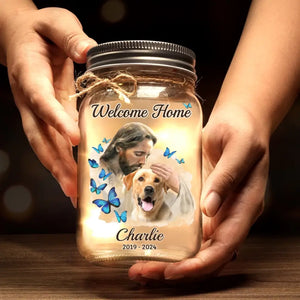 En sécurité dans les bras de Dieu - Lampe commémorative personnalisée en pot Mason - Cadeau de condoléances pour les membres de la famille, les propriétaires d'animaux et les amoureux des animaux