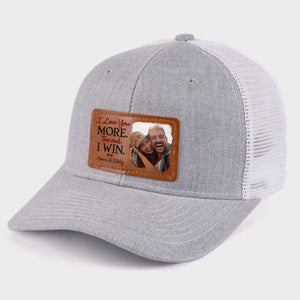 Photo personnalisée « J'aime plus la fin que je gagne » - Chapeau en cuir personnalisé pour couple - Cadeau pour mari et femme, anniversaire