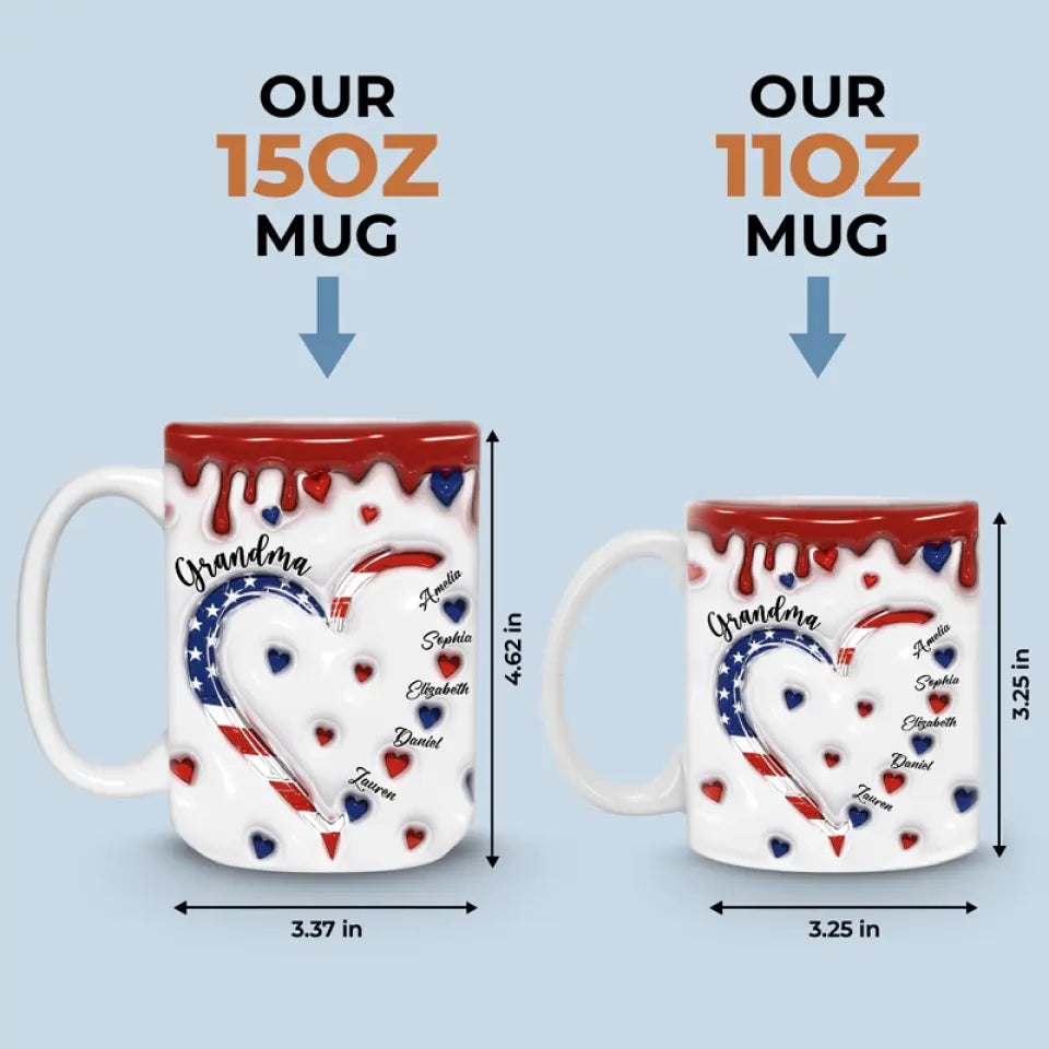 Le cœur de grand-mère déborde d'amour sans limites - Mug personnalisé imprimé effet gonflé 3D pour la famille - Cadeau pour maman, grand-mère