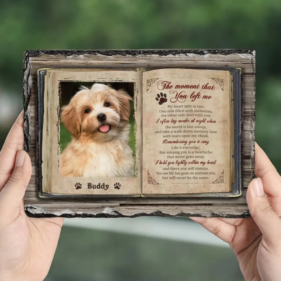 Photo personnalisée : « Je ne suis plus à mes côtés, mais je suis à jamais dans mon cœur » – Pierre commémorative rectangulaire personnalisée avec support – Cadeau de condoléances pour les propriétaires et les amoureux des animaux