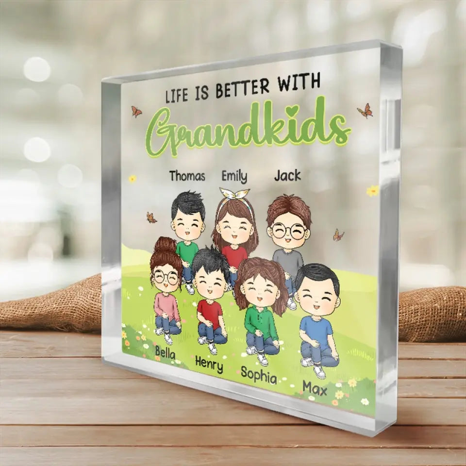 La vie est meilleure avec ses petits-enfants - Plaque acrylique carrée personnalisée pour la famille - Cadeau pour petits-enfants