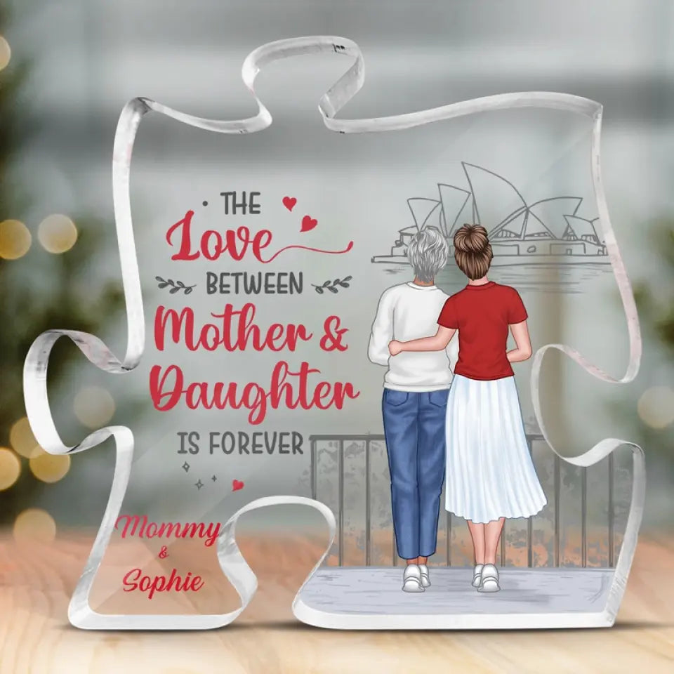 L'amour entre mère et fille est éternel - Plaque acrylique personnalisée en forme de puzzle familial - Cadeau pour maman et fille