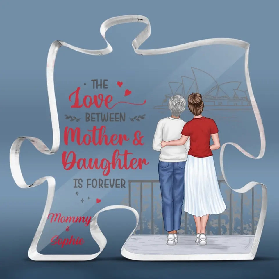 L'amour entre mère et fille est éternel - Plaque acrylique personnalisée en forme de puzzle familial - Cadeau pour maman et fille