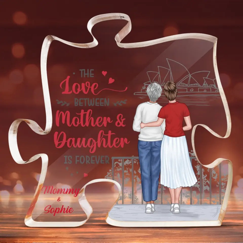 L'amour entre mère et fille est éternel - Plaque acrylique personnalisée en forme de puzzle familial - Cadeau pour maman et fille
