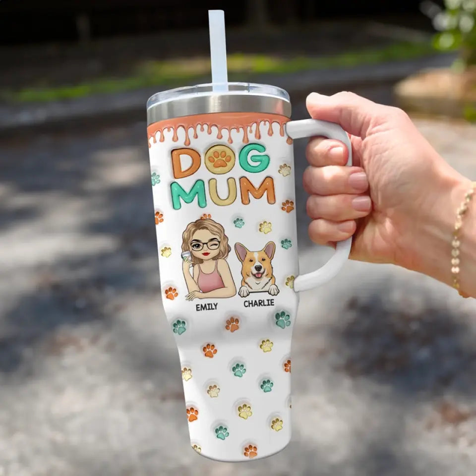 Mon bonheur a quatre pattes - Gobelet personnalisé en acier inoxydable avec poignée, effet gonflé 3D, imprimé, 40 oz - Cadeau pour propriétaires et amoureux des animaux
