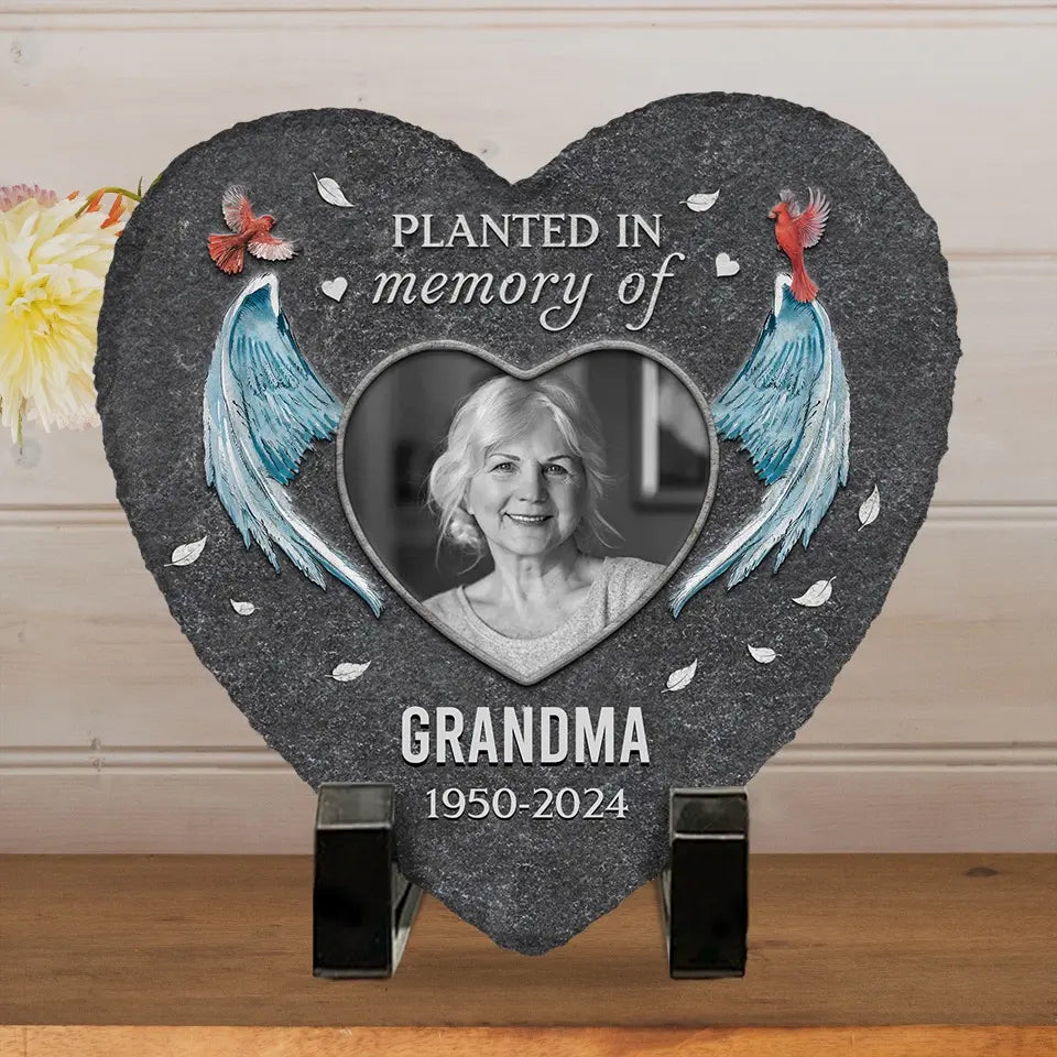 Photo personnalisée plantée en mémoire - Pierre commémorative personnalisée en forme de cœur - Cadeau de condoléances pour les membres de la famille