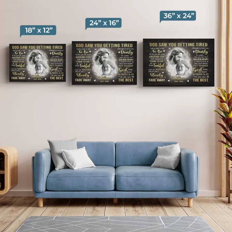 Photo personnalisée « Dieu vous a vu fatigué » – Toile horizontale personnalisée commémorative – Cadeau de condoléances pour les membres de la famille