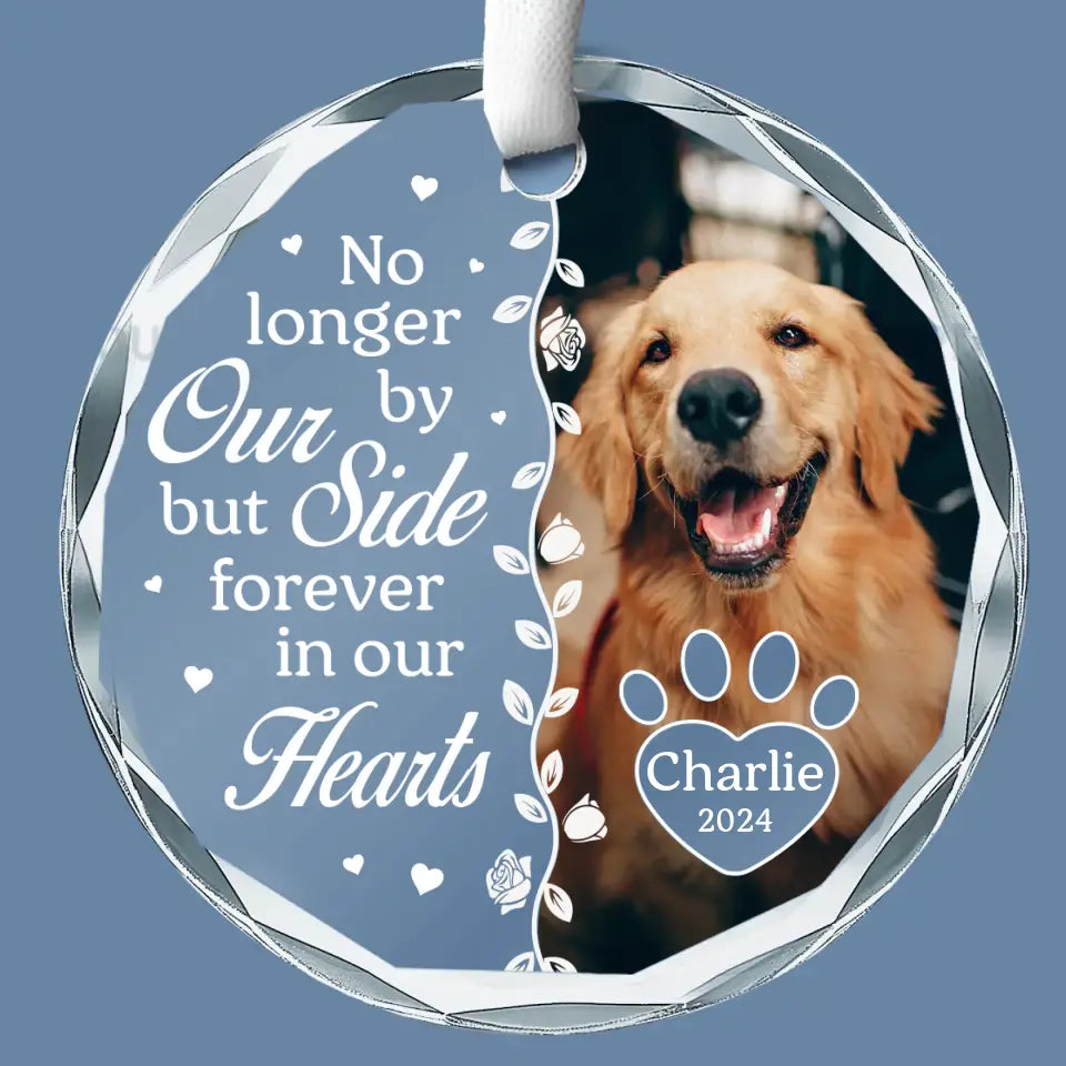 Photo personnalisée pour toujours dans nos cœurs - Ornement en verre rond personnalisé commémoratif - Cadeau de Noël, cadeau de condoléances pour les propriétaires d'animaux et les amoureux des animaux