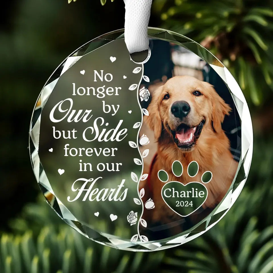Photo personnalisée pour toujours dans nos cœurs - Ornement en verre rond personnalisé commémoratif - Cadeau de Noël, cadeau de condoléances pour les propriétaires d'animaux et les amoureux des animaux